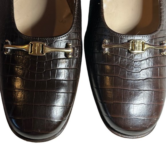 Salvador Ferragamo Brown Crocodile Print Horsebit Slip On Heels 9B - Picture 8 of 15